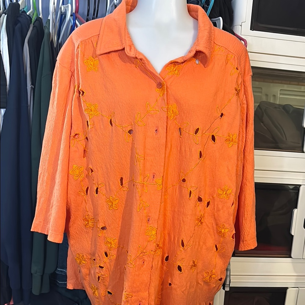 Orange Embroidered Button-Up Blouse